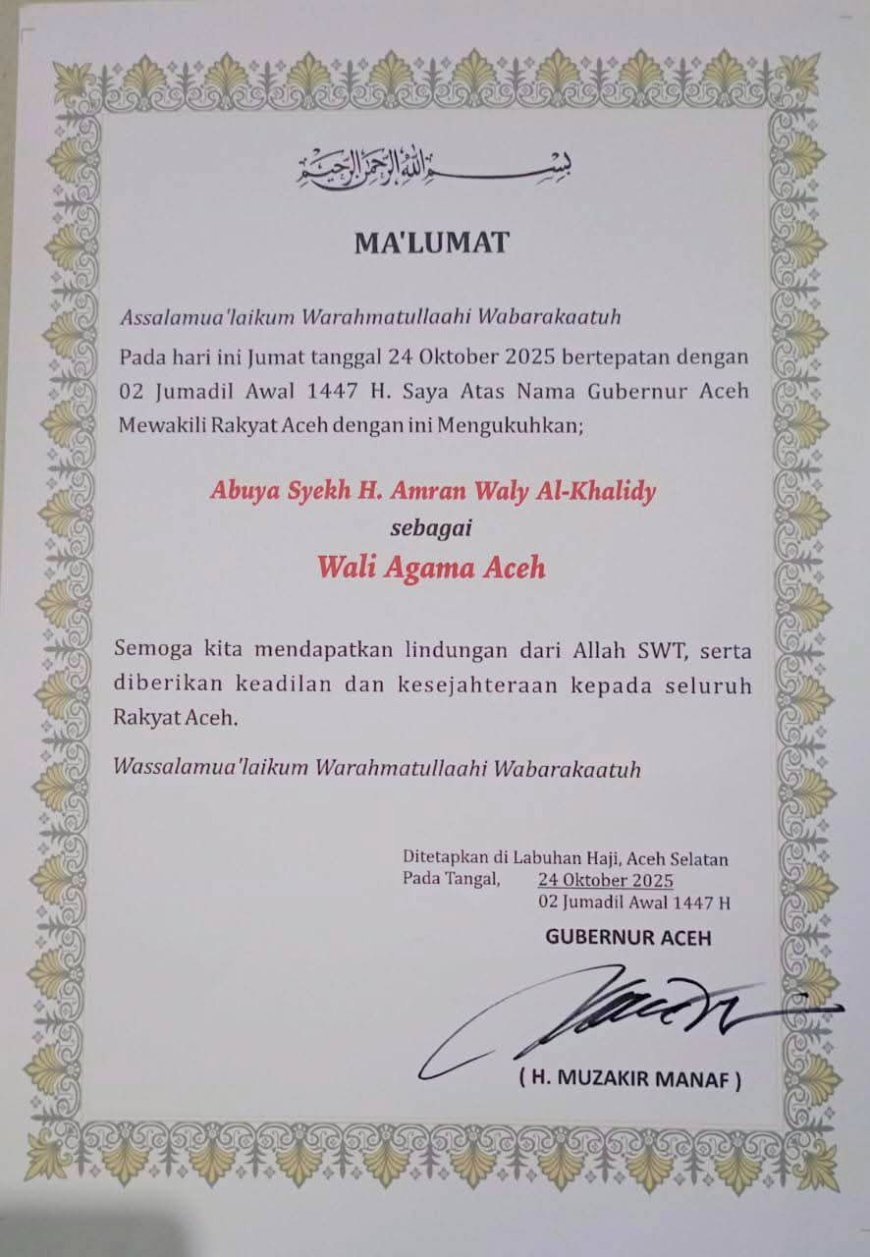 Gubernur Aceh Secara Resmi Mengukuhkan Abuya Syaikh H Amran Waly al-khalidy Sebagai Wali Agama Aceh
